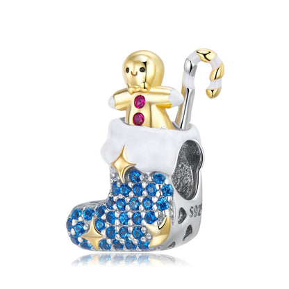 Detailed view of blue Christmas sock charm