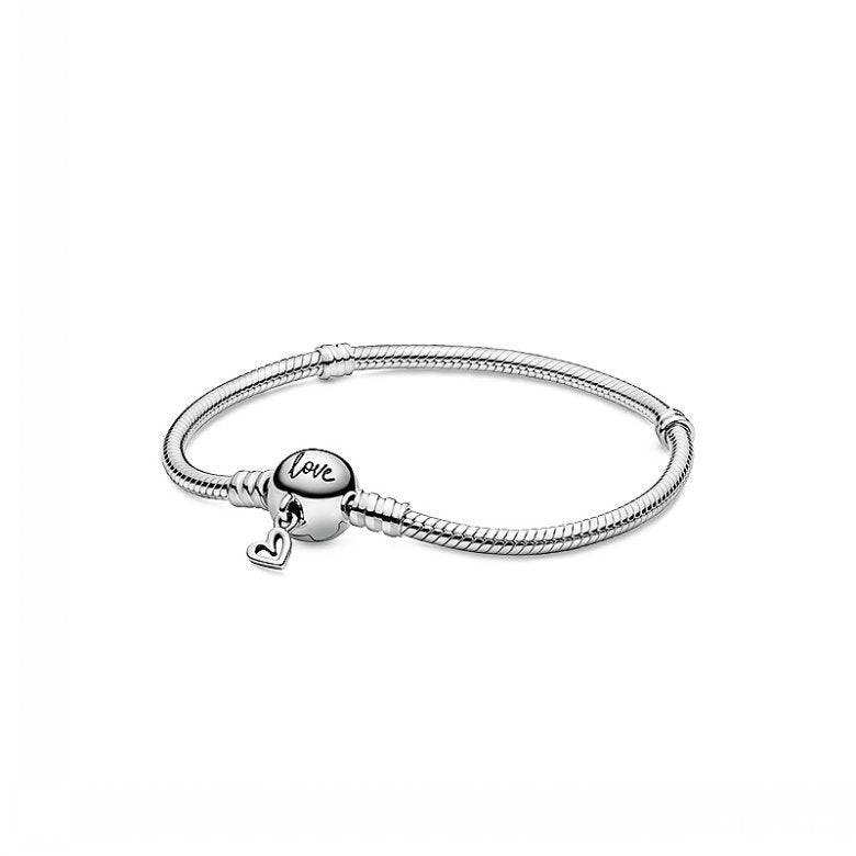 Love Snake Chain Bracelet with sleek silver design, featuring a 'Love' charm and heart pendant. Durable and stylish accessory.