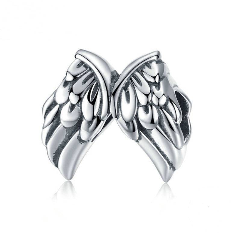 Guardian Wings Charm in sterling silver, symbolizing protection and guidance. Features intricately detailed angel wings for a meaningful jewelry piece.