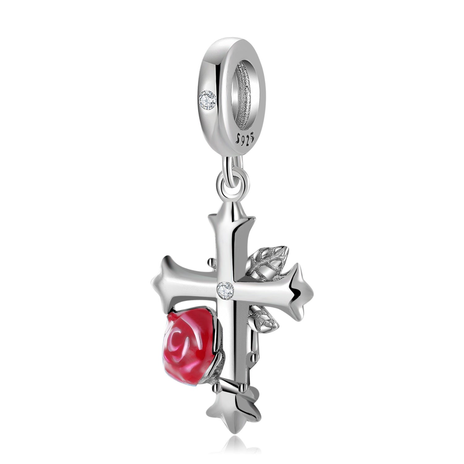 Rose Cross Charm in gothic style with a red rose and silver cross. A symbol of love and faith, perfect for jewelry enthusiasts and Gothic fashion lovers.