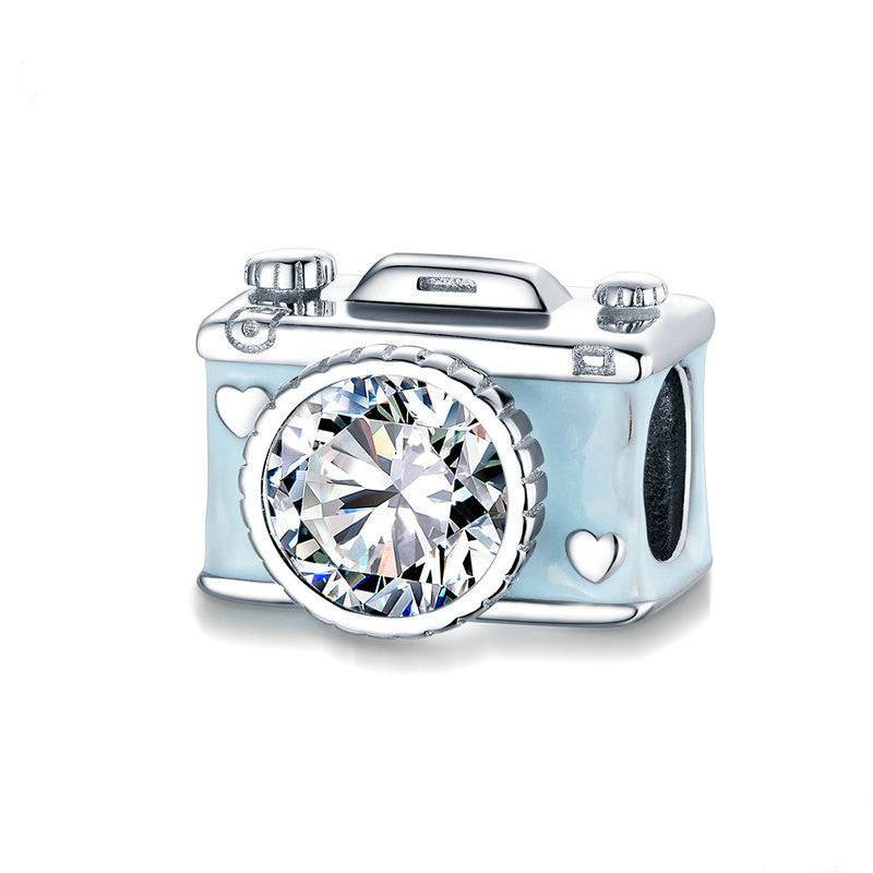 Silver camera charm with crystal detail