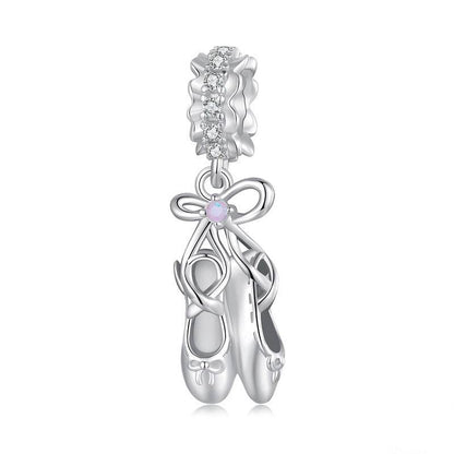 Silver Ballet Shoes Charm with zircon detailing and bow design, perfect for dance enthusiasts. Elegant jewelry accessory for bracelets.