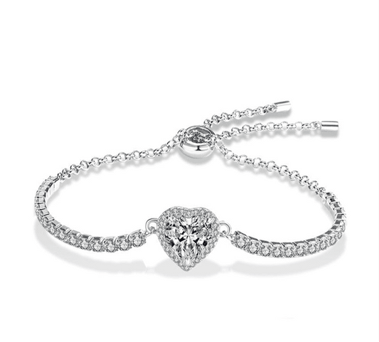 Silver Moissanite Heart Bracelet featuring a heart-shaped moissanite centerpiece and adjustable chain. Durable, brilliant, and affordable.