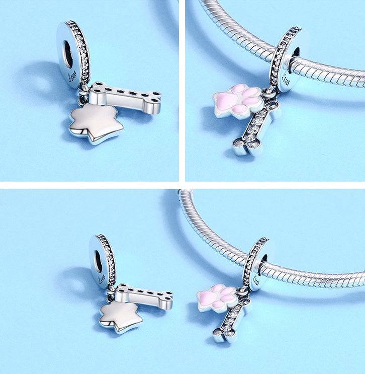 Multiple views of the Pink Bone Charm, highlighting its sterling silver craftsmanship and pet-themed details for charm bracelets.