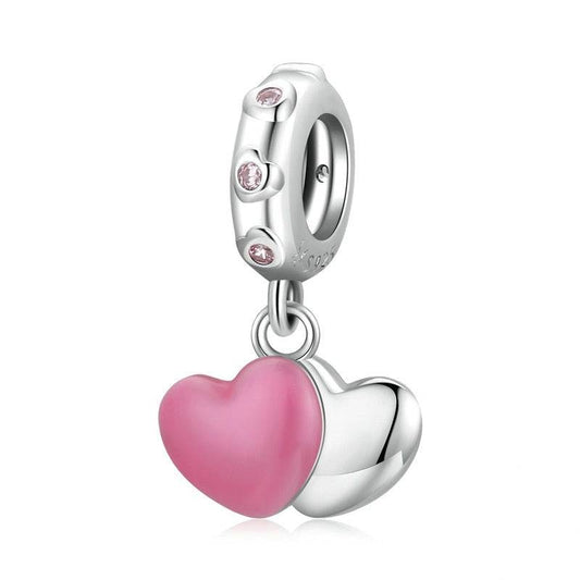 Pink Heart Tag Charm with high-quality silver and pink enamel heart, featuring crystal accents on the loop.