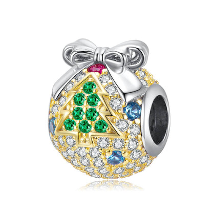 Festive Christmas ball charm with bow and green tree design