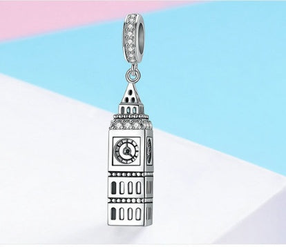 Elegant Big Ben Charm featuring a detailed replica of London's iconic clock tower with sparkling crystal embellishments.