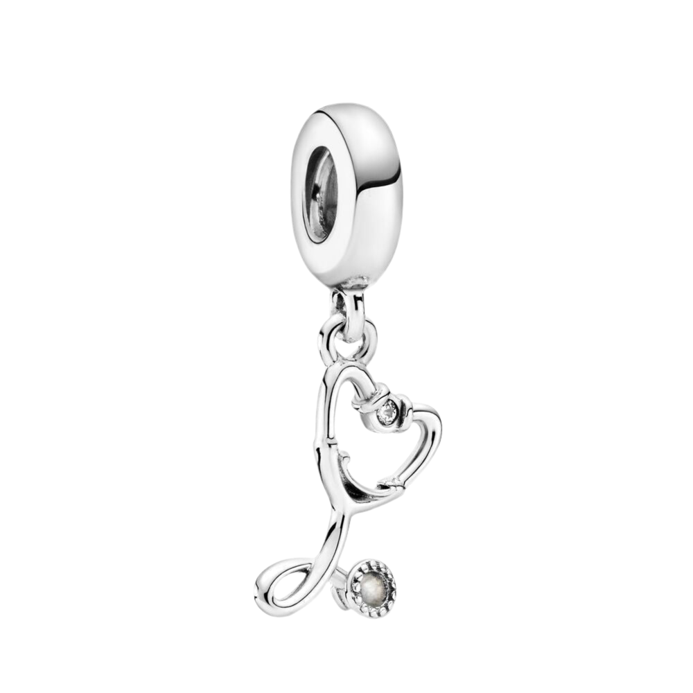 Stethoscope heart charm in sterling silver with a delicate design, perfect for healthcare professionals to showcase their medical passion.