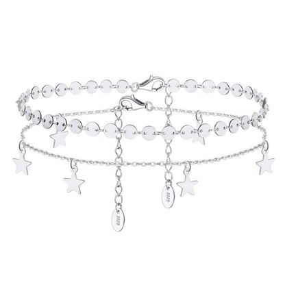 Silver stars anklet with layered chains and star charms