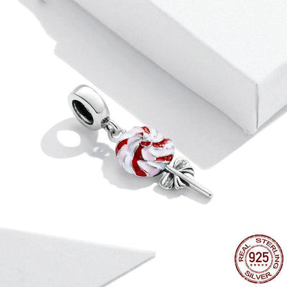 Lollipop charm in sterling silver with red and white swirls