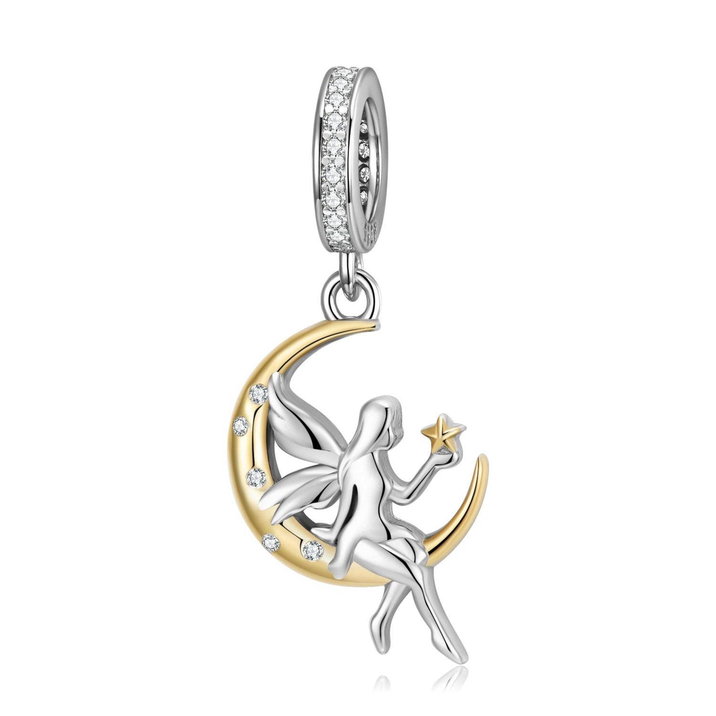 Moon Fairy Charm featuring a delicate silver fairy sitting on a gold crescent moon adorned with sparkling stones, perfect for mystical jewelry lovers.