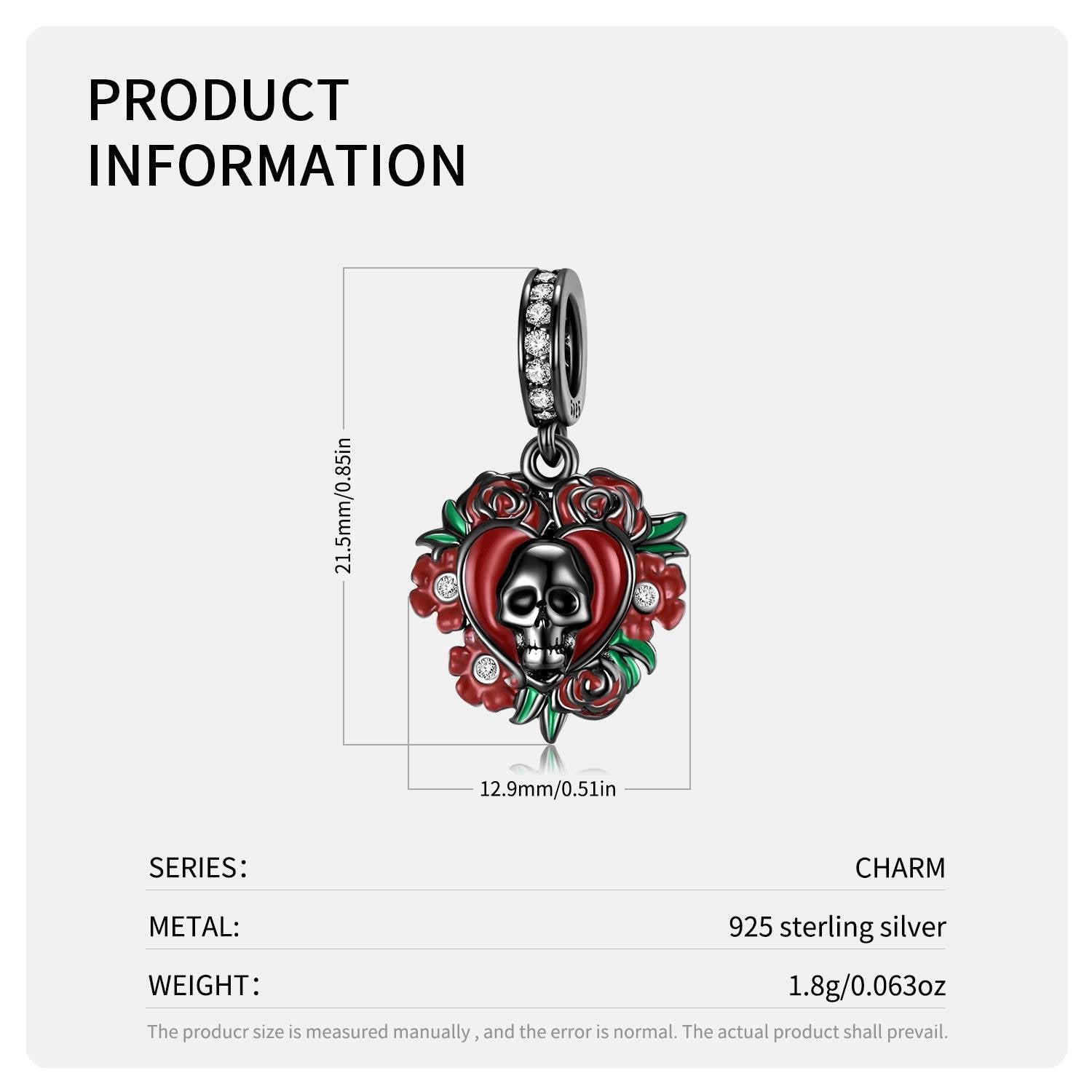 Product details of Skull Rose Charm in sterling silver