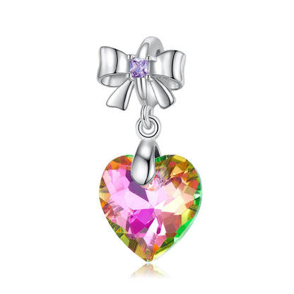 Colorful crystal heart charm with silver bow accent